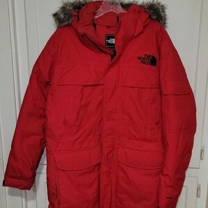 The North Face Fur Collar Goose Down Puffer Hyvent Red Down Puffer, Sz Med